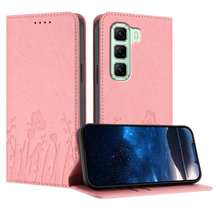 Magnetic folio phone case in pink vegan leather, tulip and butterfly pattern, card cutouts