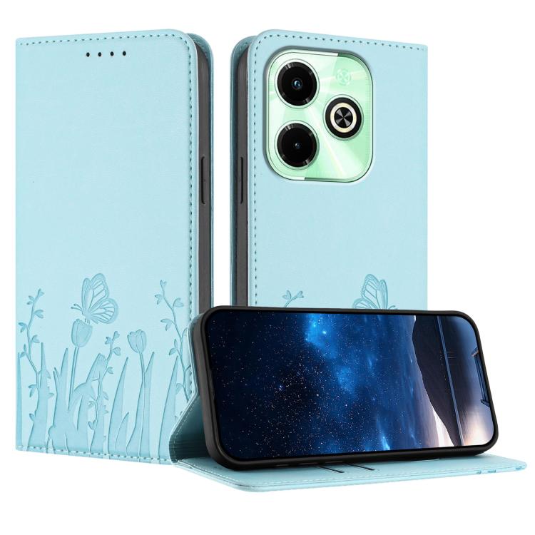 Light blue magnetic vegan leather phone case with tulip and butterfly pattern, folio flip cover