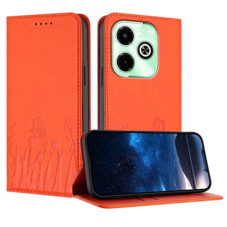 Orange folio phone case with tulip and butterfly pattern, flip cover, camera cutouts
