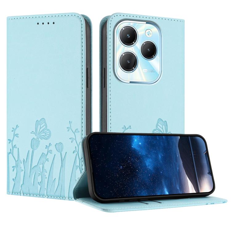 Magnetic vegan leather phone case, light blue with tulip and butterfly pattern, fold cover