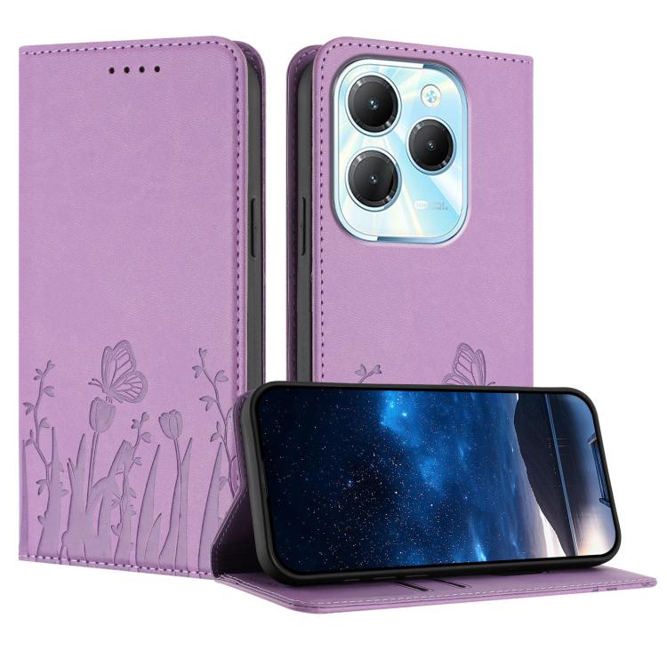 Light purple magnetic vegan leather phone case with tulip and butterfly pattern, folio flip cover