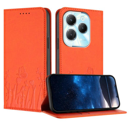 Orange magnetic vegan leather phone case with tulip and butterfly pattern, folio flip cover