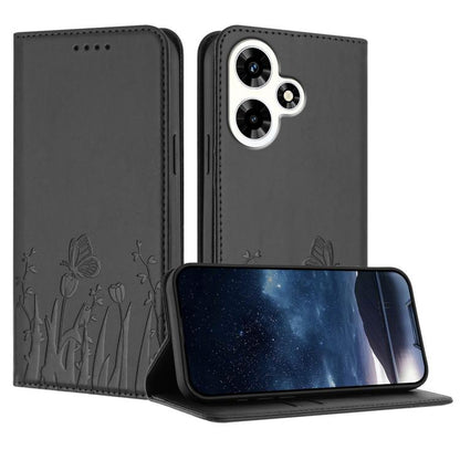 Magnetic vegan leather phone case with tulip and butterfly pattern, dark gray