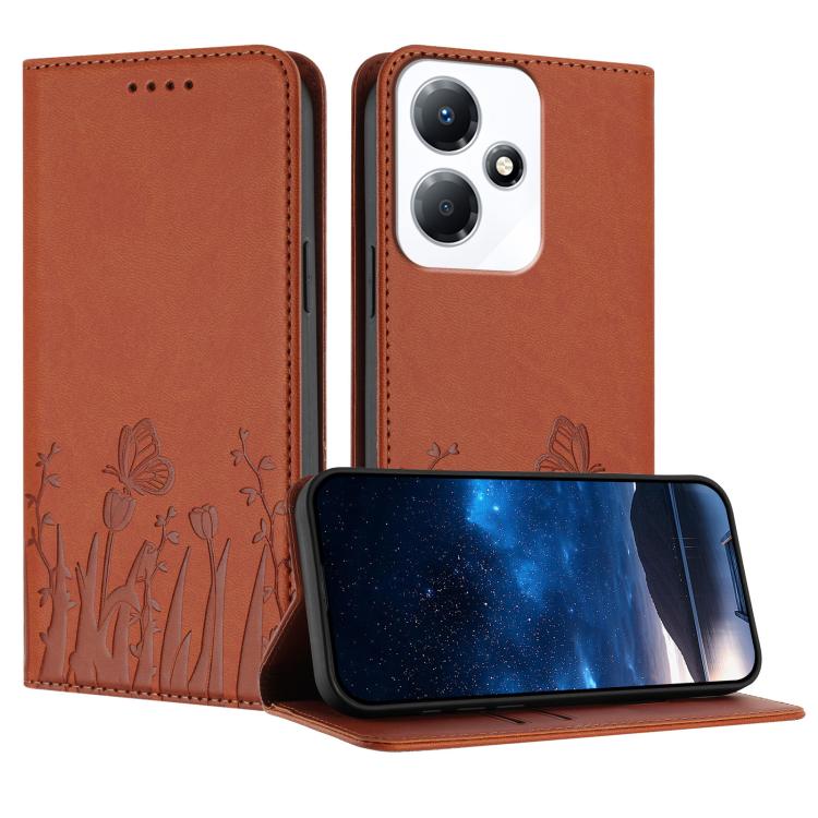 Orange magnetic vegan leather phone case with tulip and butterfly pattern, flip cover