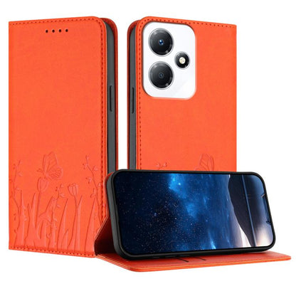 Orange magnetic vegan leather phone case with tulip and butterfly pattern, flip cover