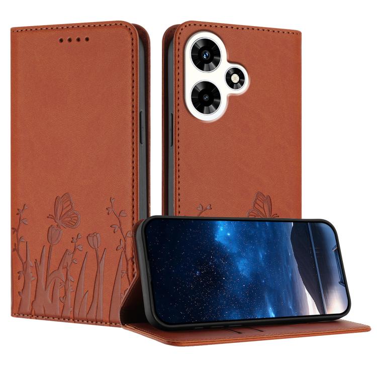 Magnetic vegan leather phone case in orange with tulip and butterfly embossing, flap open