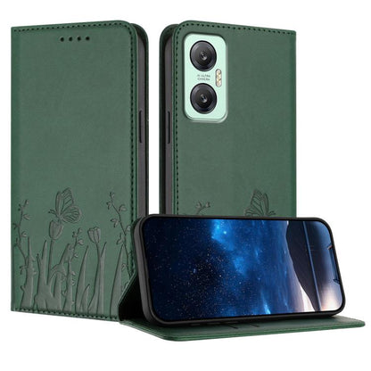 Magnetic vegan leather phone case with tulip and butterfly pattern, dark green flip cover