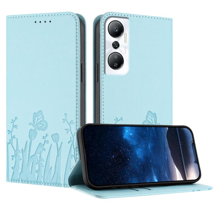 Light blue tulip and butterfly folio phone case with magnetic flap, vegan leather style
