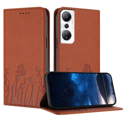Magnetic vegan leather phone case, rust orange with tulip and butterfly pattern, flip cover.