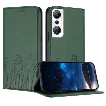 Magnetic vegan leather phone case, dark green with tulip and butterfly pattern, flip cover.