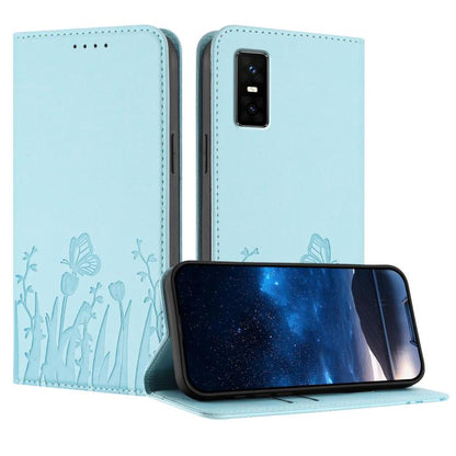 Light blue magnetic vegan leather phone case with tulip and butterfly pattern, flip cover