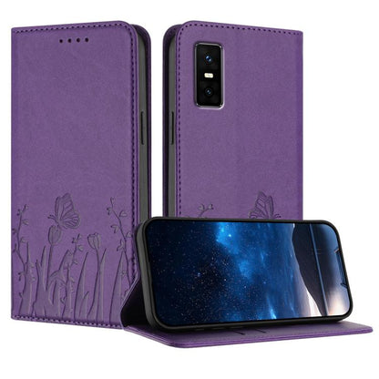 Vegan leather phone case with magnetic flap, tulip and butterfly pattern, dark purple.