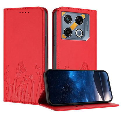 Red magnetic vegan leather phone case with tulip and butterfly pattern, flip cover stand