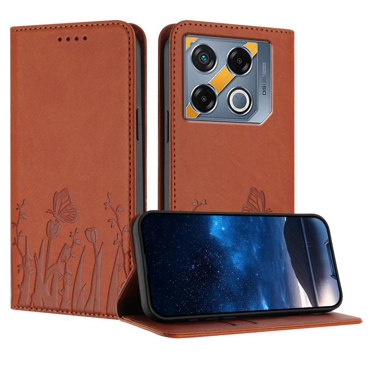 Orange magnetic vegan leather phone case with tulip and butterfly embossed pattern, flip cover