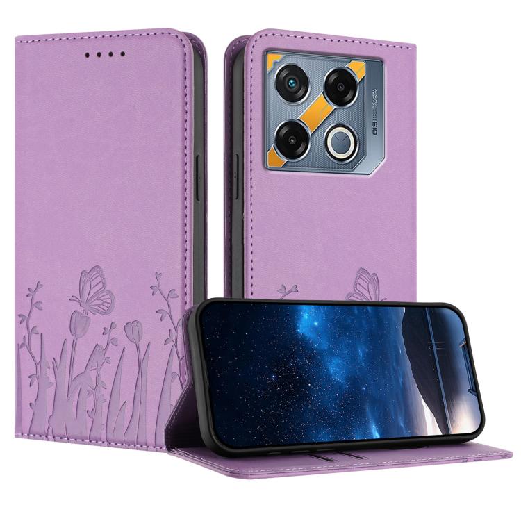 Light purple magnetic vegan leather phone case with tulip and butterfly embossed pattern, flip cover