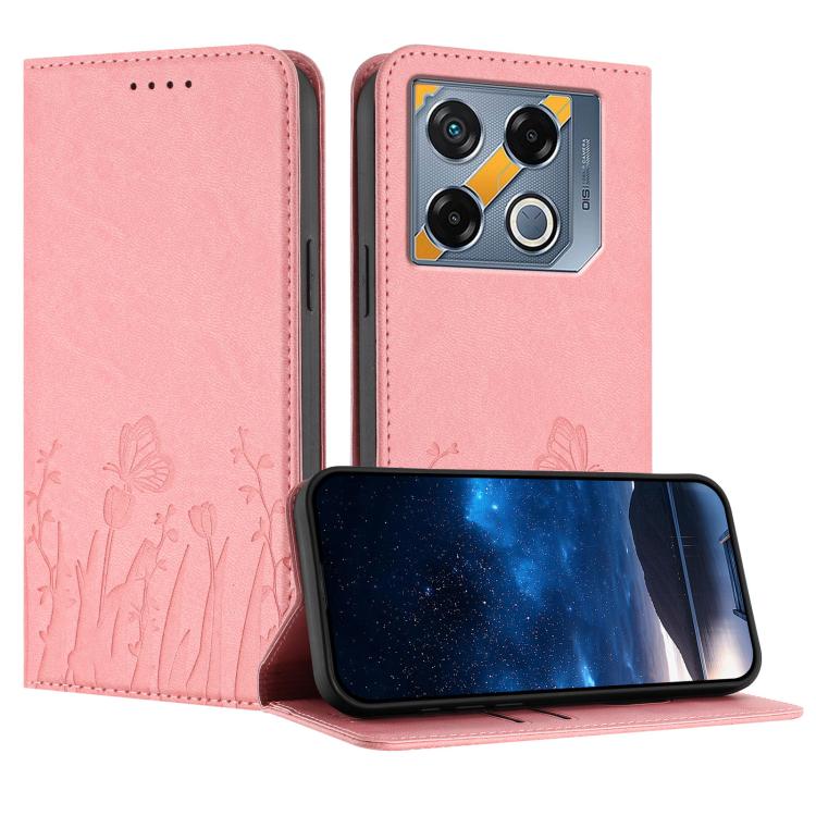 Pink magnetic vegan leather phone case with tulip and butterfly embossed pattern, flip cover