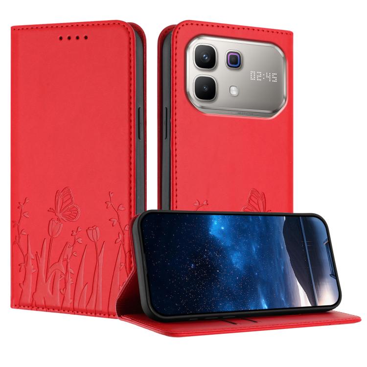 Magnetic vegan leather phone case, red tulip and butterfly pattern, flip cover