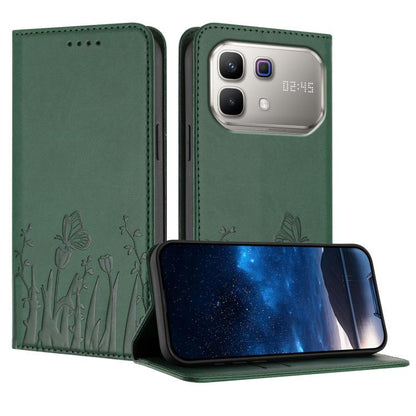 Green vegan leather phone case with tulip and butterfly pattern, magnetic flip cover.