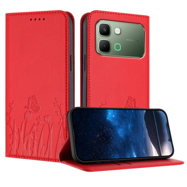 Red magnetic vegan leather phone case with tulip and butterfly pattern, flip cover.