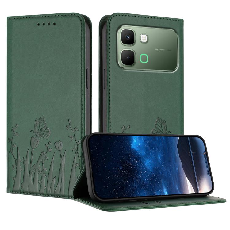 Green tulip-and-butterfly magnetic vegan leather phone case with folio stand