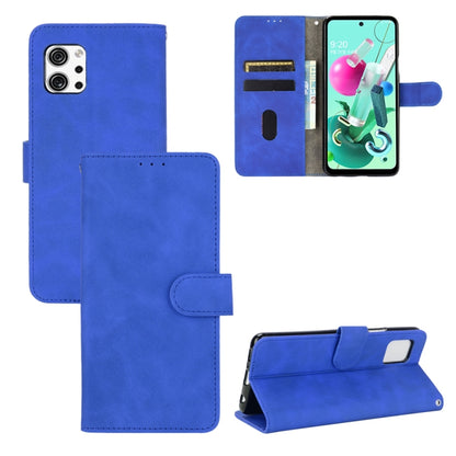Blue PU leather flip phone case with magnetic buckle and card slots, wallet-style folio.