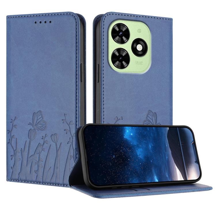 Blue-gray faux leather phone case with butterfly and flower pattern, folio cover