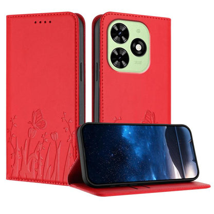 Red faux leather phone case with butterfly and flower pattern, folio cover
