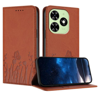 Brown magnetic vegan leather phone case with tulip butterfly pattern and flip stand
