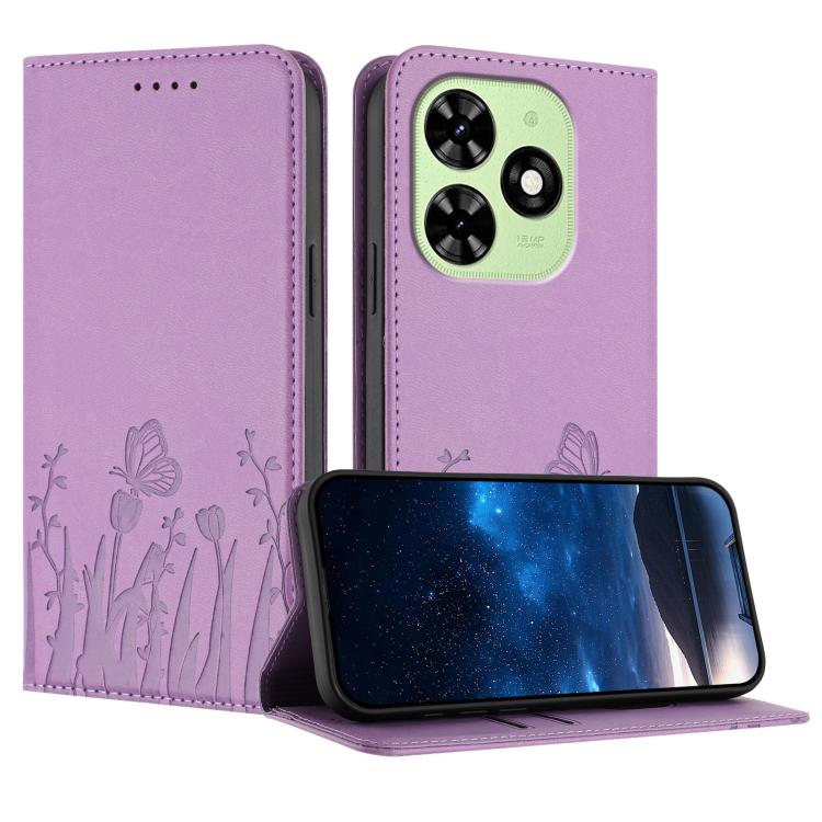 Light purple magnetic vegan leather phone case with tulip butterfly pattern and flip stand