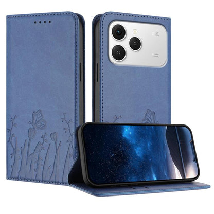 Blue tulip and butterfly patterned magnetic vegan leather phone case with flip cover