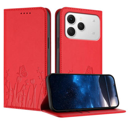 Red tulip and butterfly patterned magnetic vegan leather phone case with flip cover
