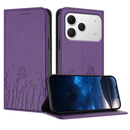 Magnetic vegan leather phone case, purple with tulip and butterfly pattern; flip cover.