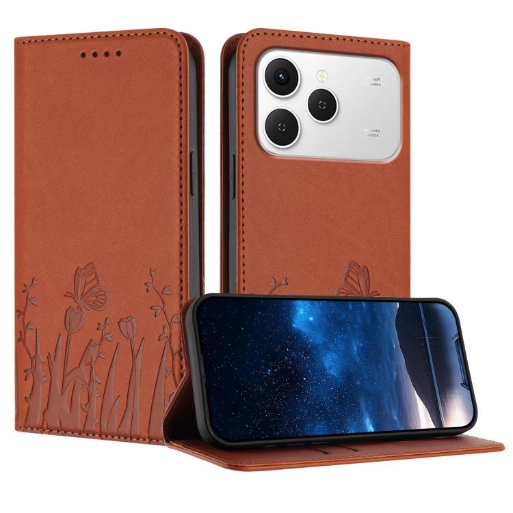 Magnetic vegan leather phone case, rust orange with tulip and butterfly pattern; flip cover.
