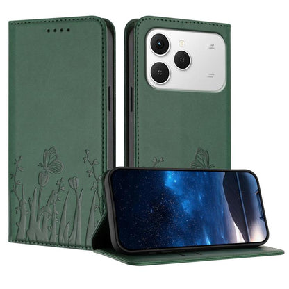 Magnetic vegan leather phone case, dark green with tulip and butterfly pattern; flip cover.