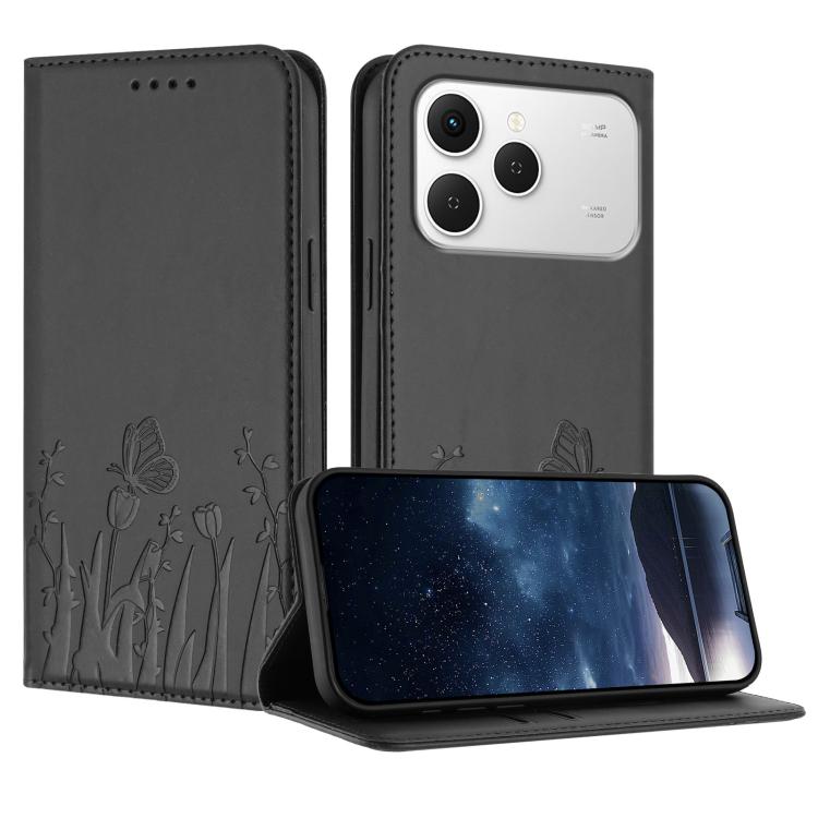 Magnetic vegan leather phone case, dark gray with tulip and butterfly pattern; flip cover.