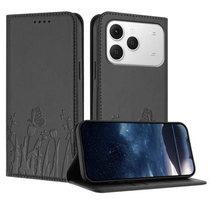 Magnetic vegan leather phone case, dark gray with tulip and butterfly pattern; flip cover.