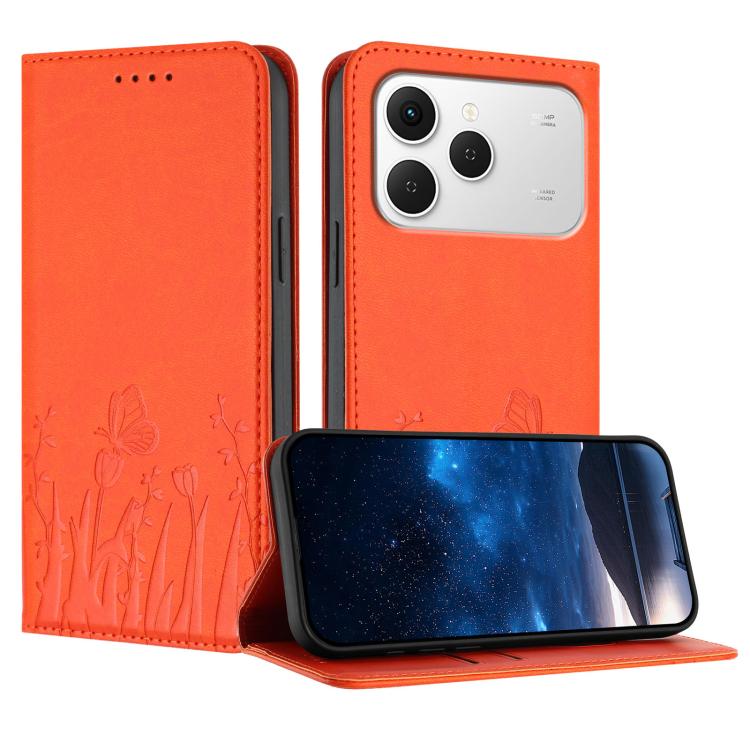 Magnetic vegan leather phone case, orange with tulip and butterfly pattern; flip cover.