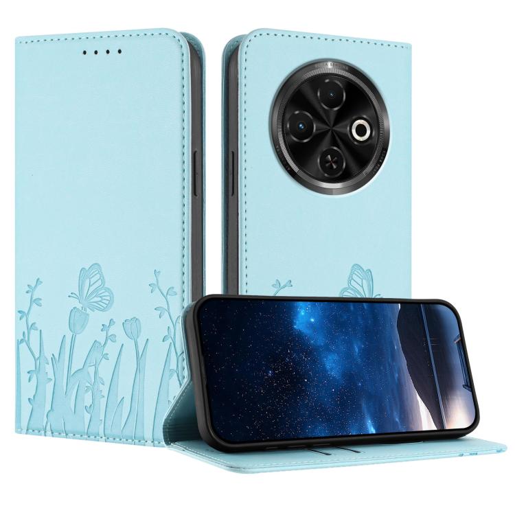 Light blue tulip-butterfly magnetic phone case, vegan leather wallet flap, camera cutout