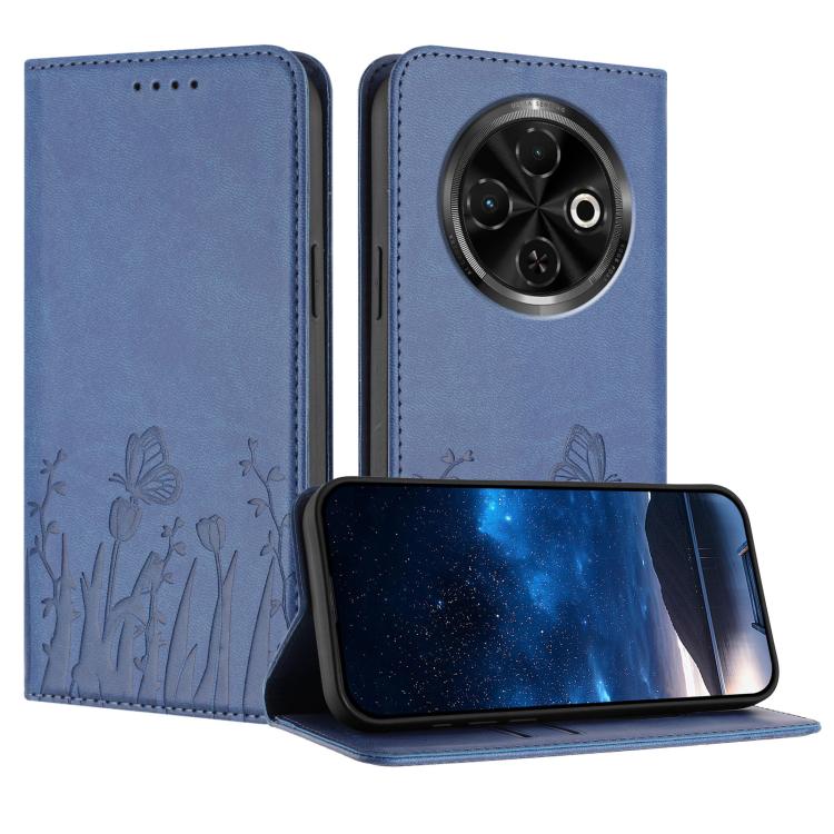 Blue-gray tulip-butterfly magnetic phone case, vegan leather wallet flap, camera cutout