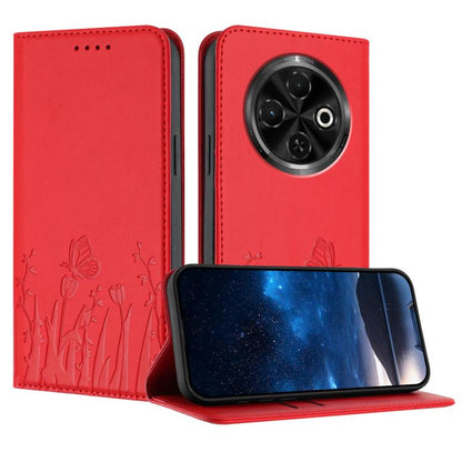 Red tulip-butterfly magnetic phone case, vegan leather wallet flap, camera cutout