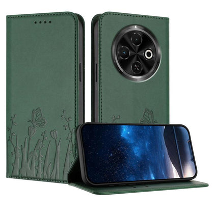 Magnetic vegan leather phone case, dark green with butterfly floral pattern and camera cutout