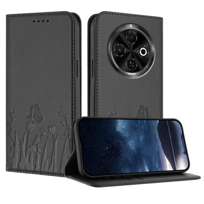Magnetic vegan leather phone case, dark gray with butterfly floral pattern and camera cutout