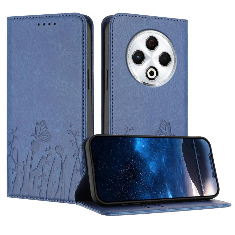 Dark blue folio phone case with butterfly and tulip pattern, flip cover and camera cutout
