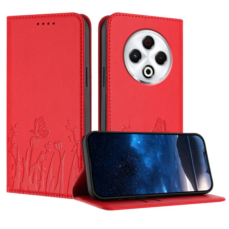 Red folio phone case with butterfly and tulip pattern, flip cover and camera cutout