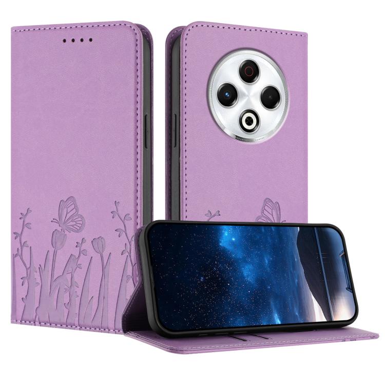 Light purple tulip-butterfly magnetic phone case, vegan leather wallet flap, camera cutout