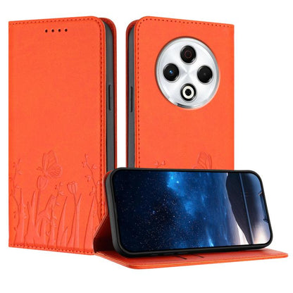Orange tulip-butterfly magnetic phone case, vegan leather wallet flap, camera cutout