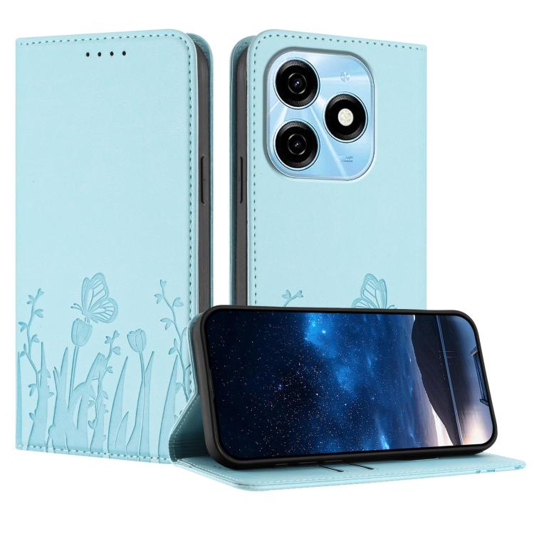 Light blue magnetic vegan leather phone case with butterfly and tulip pattern, flip cover