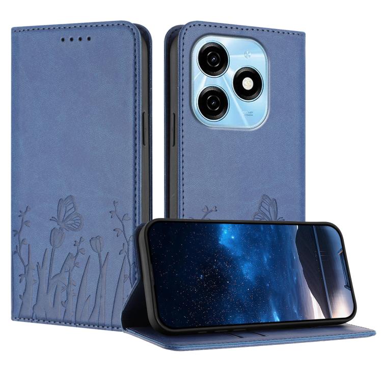 Blue magnetic vegan leather phone case with butterfly and tulip pattern, flip cover