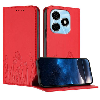 Red magnetic vegan leather phone case with butterfly and tulip pattern, flip cover