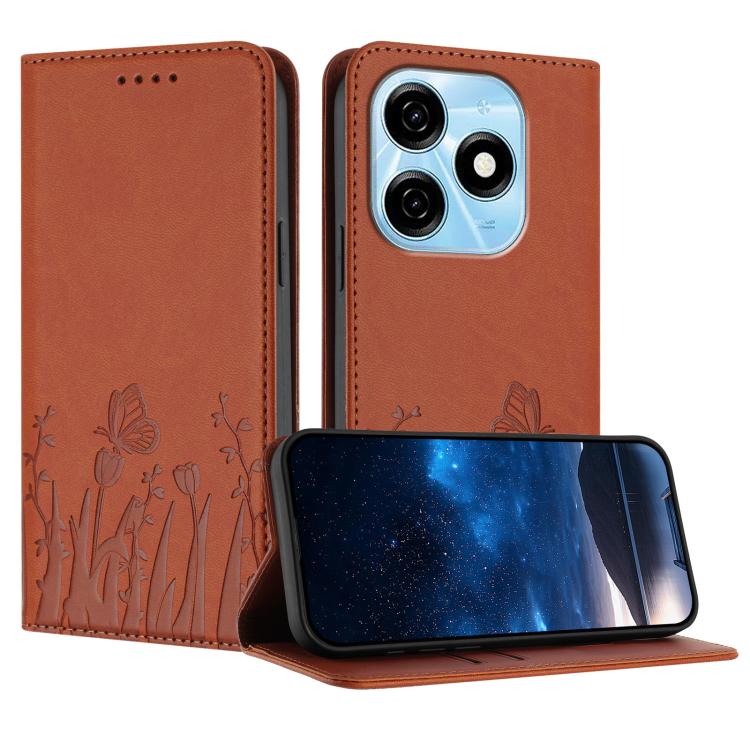 Brown faux leather phone case with butterfly and flower pattern, folio cover